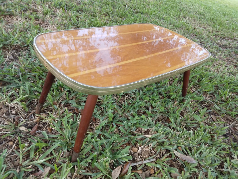 Mid Century Modern Mixed Wood Irregular Small Side Table Striped