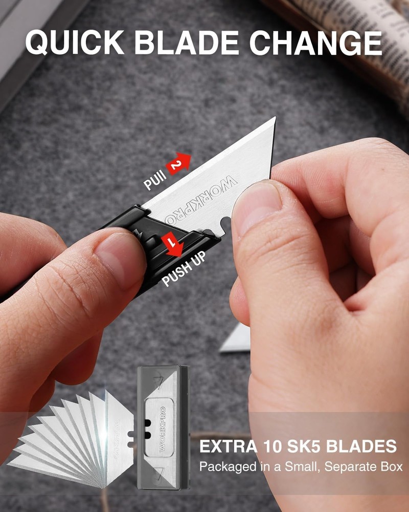 WORKPRO 3-Pack Folding Utility Knife Set, G10 Handle Box Cutter with 10 Extra SK