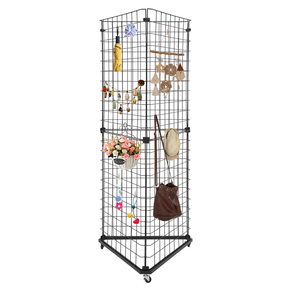 Triangle Wire Grid Display Stand with Casters - Stable Corner Rack
