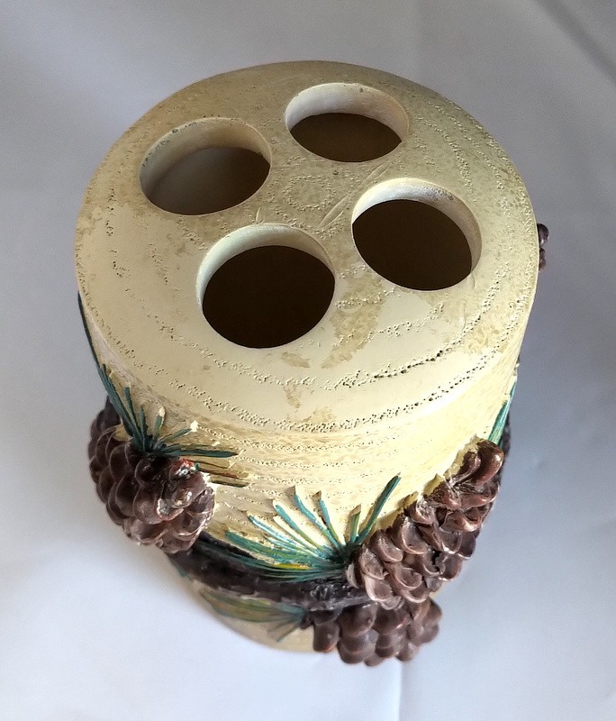 Hand Painted Pinecone Tissue Box & Toothbrush Holder (Stephen Lyman, 1990)