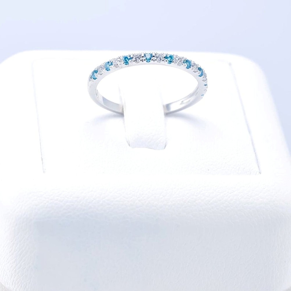 2MM Natural Blue Topaz Half Eternity Band 925 Sterling Silver Stackable Ring