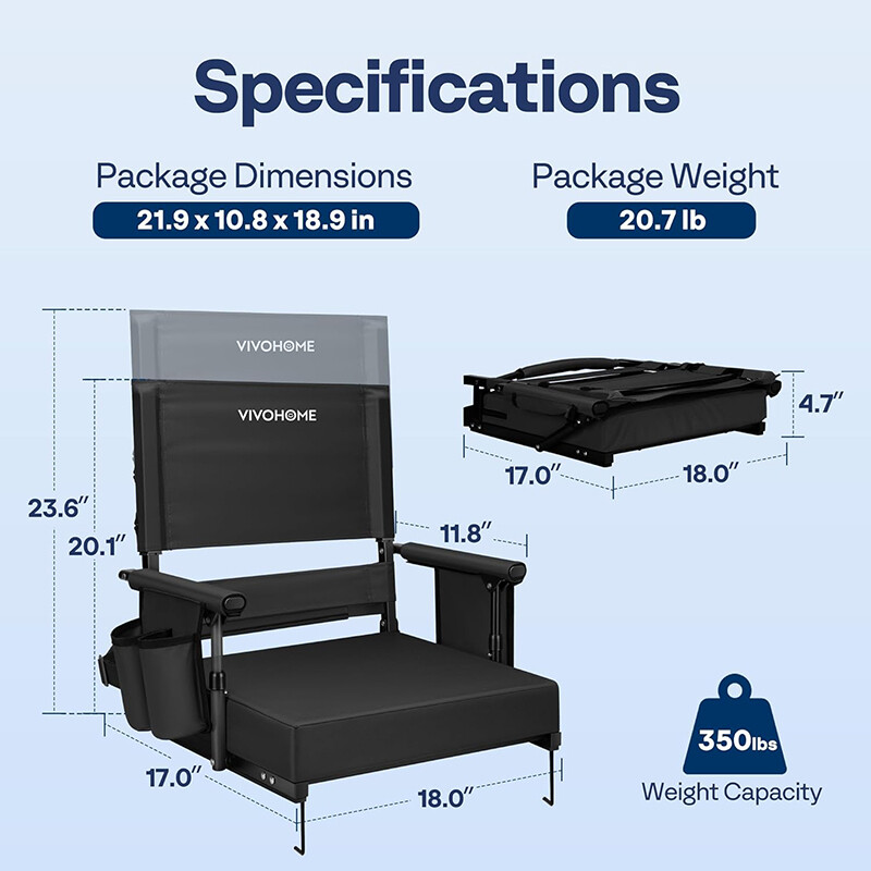 Height Adjustable High Back Stadium Seats 2 Pack Portable Bleacher Chairs Black