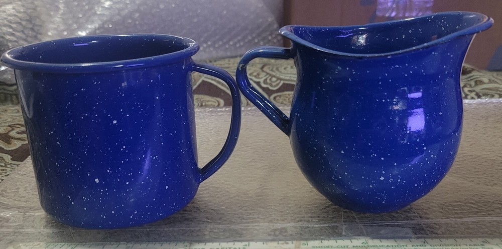 Blue Speckled Enamelware Small Creamer Pitcher & Coffee Cup Mug