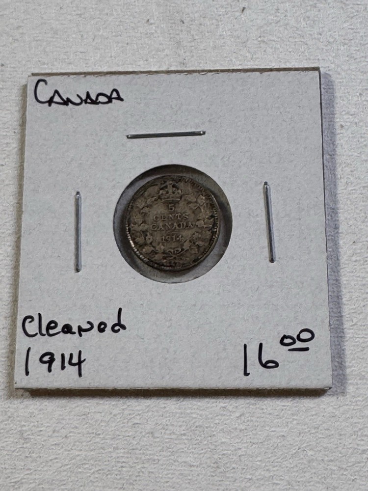 1914 Canada 5 Cents Silver Coin Cleaned