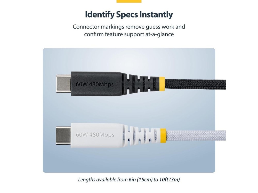 StarTech.com 10ft (3m) USB-C Charging Cable, 60W (3A) PD, Dual-Layer Braided Nyl