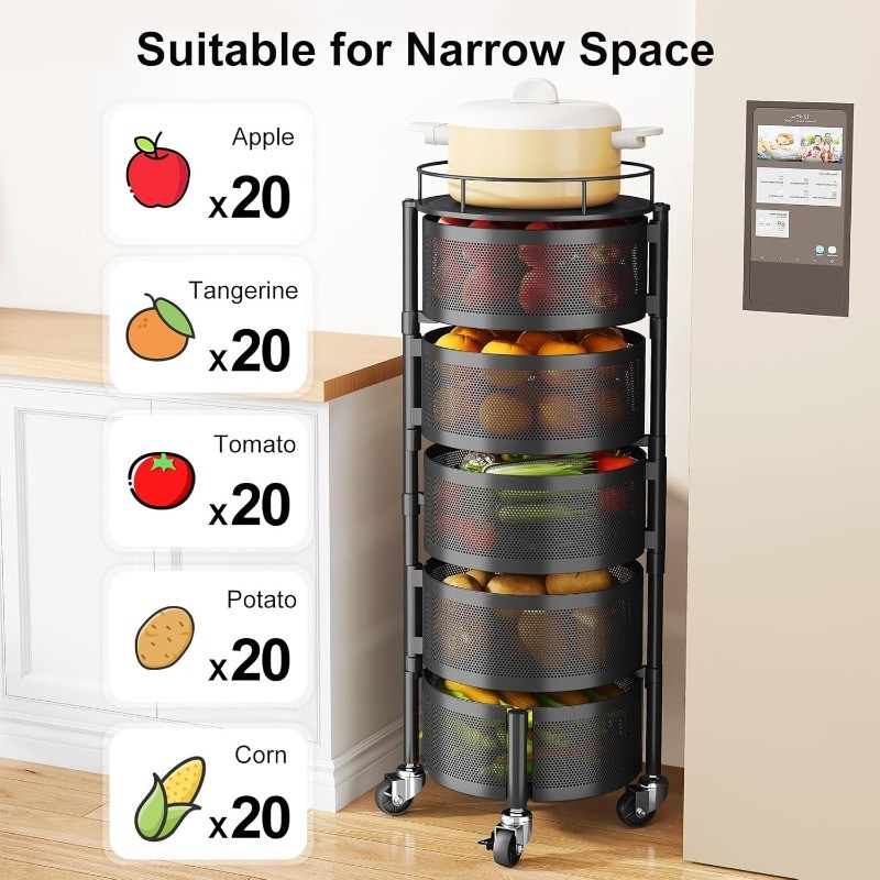 Fruit Vegetable Basket for Kitchen, Rotating Storage Rack, 5 Tier Rolling Cart