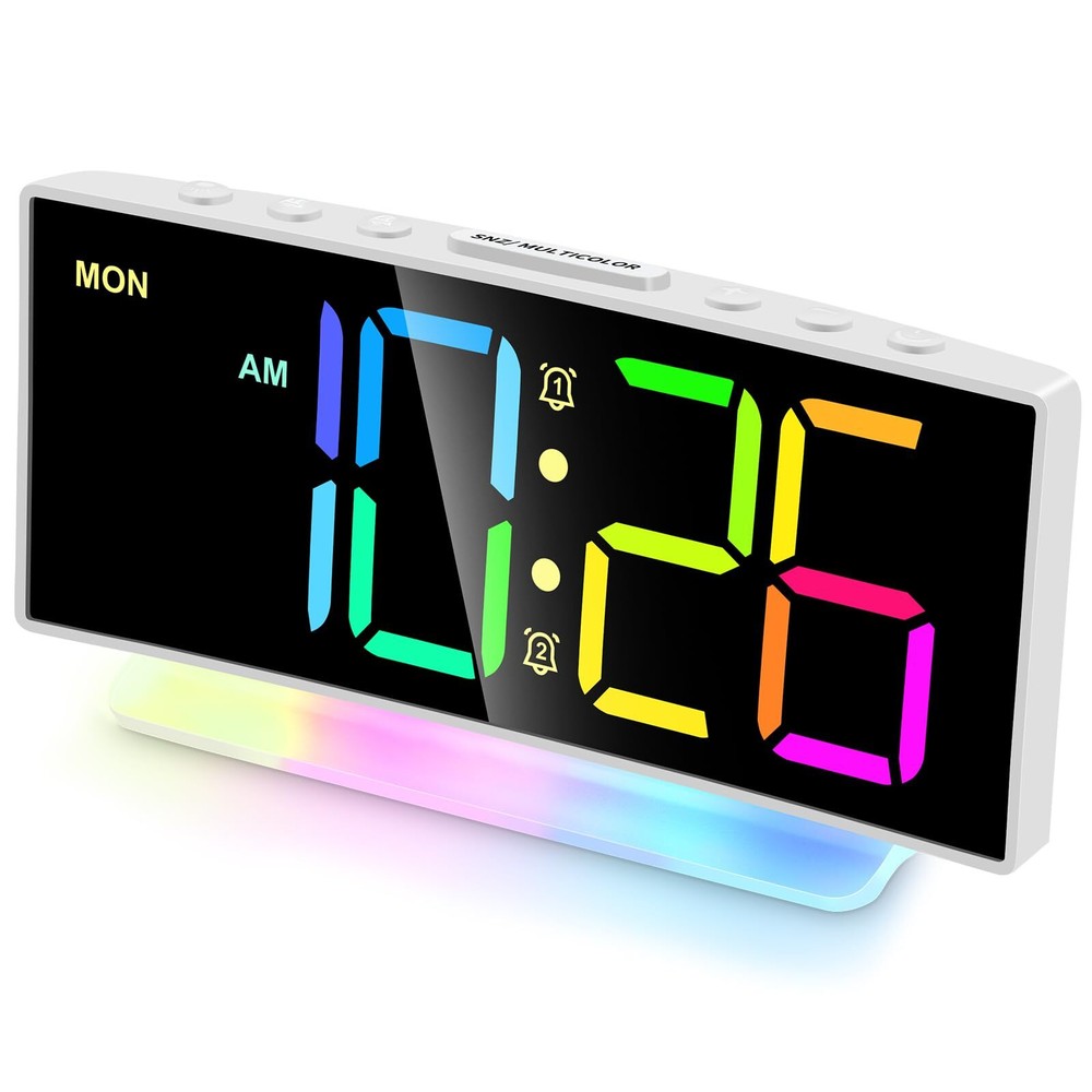 Heavy Sleeper Alarm Clock Large Display 7-Color Light Adjustable White+Dyn