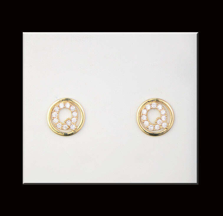 14k Yellow or White Gold Round Initial Letters CZ Stud Earrings