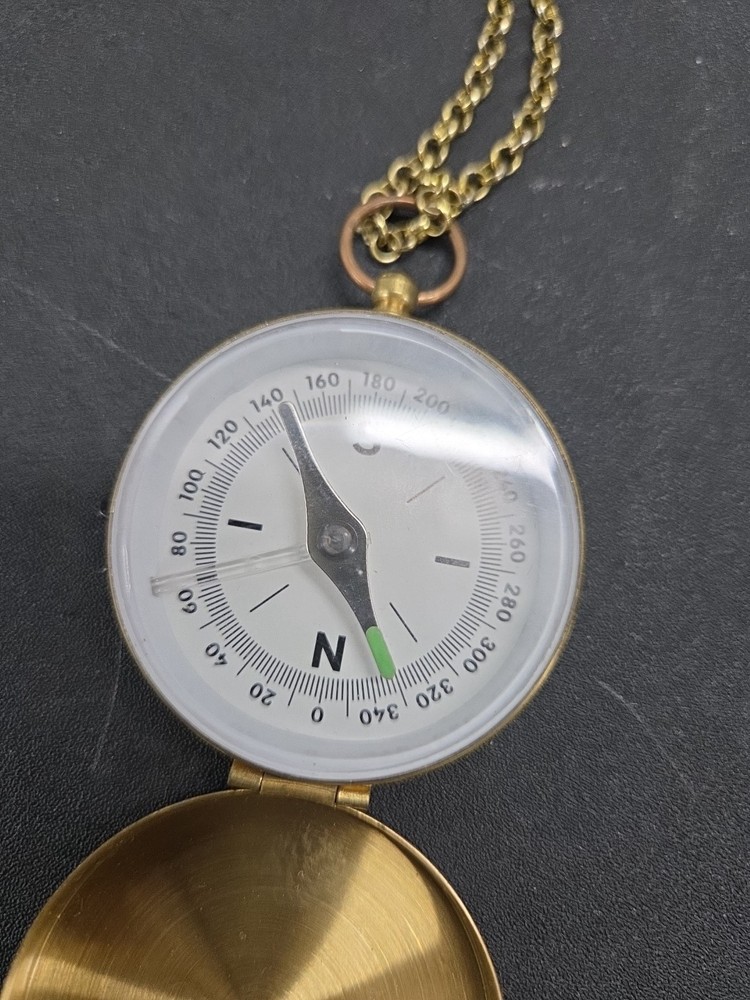 Brass Pocket Compass With Chain Vintage Working
