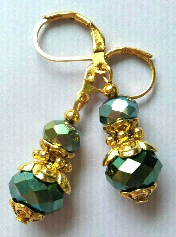 HUNTER GREEN double crystal earring GP LEVERBACK artisan