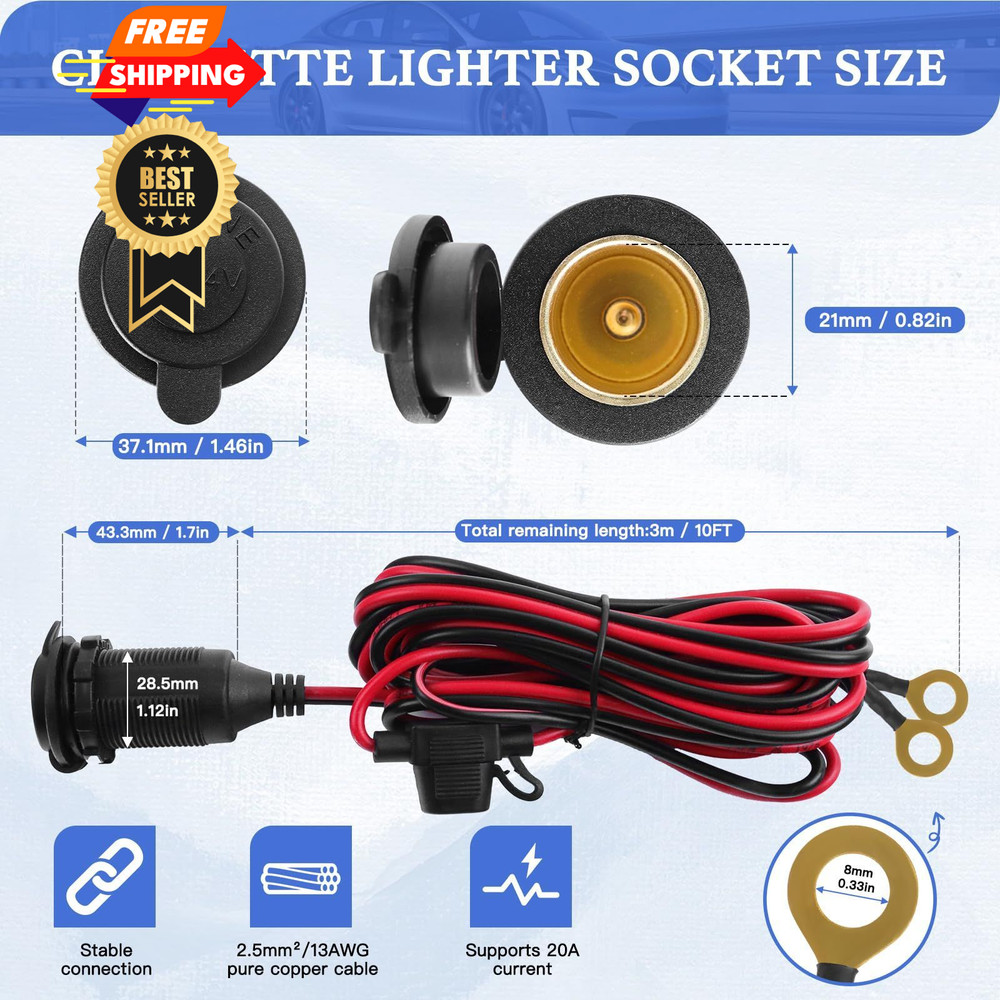 Cigarette Lighter Socket 10FT, 12V 13AWG&(10FT/3m)