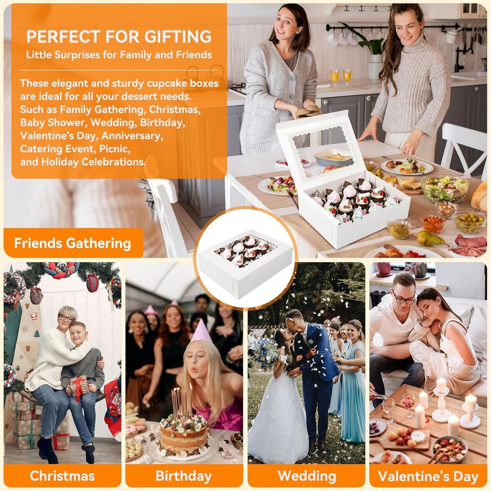 3-Set Cupcake Boxes Bulk with Clear Display Window Hold 12 Standard Cupcakes, Di