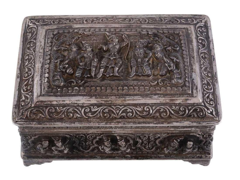 Superb Antique Burmese Silver Rectangular Table Box. 19th C.