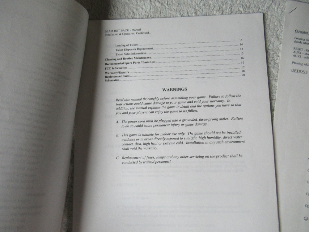 BEAM BOT BACK arcade game manual