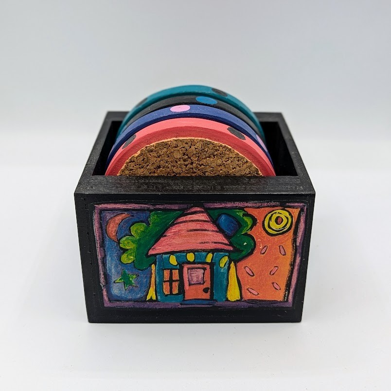 4 x Hand Made Cork Coasters, Colorfully Painted