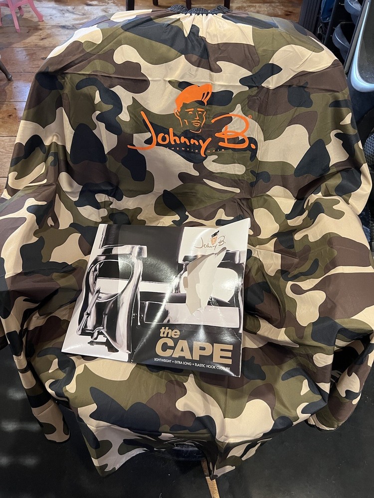 JOHNNY B BARBER CAMOUFLAGE CUTTING CAPE LIGHTWEIGHT, ELASTIC HOOK CLOSURE, LONG
