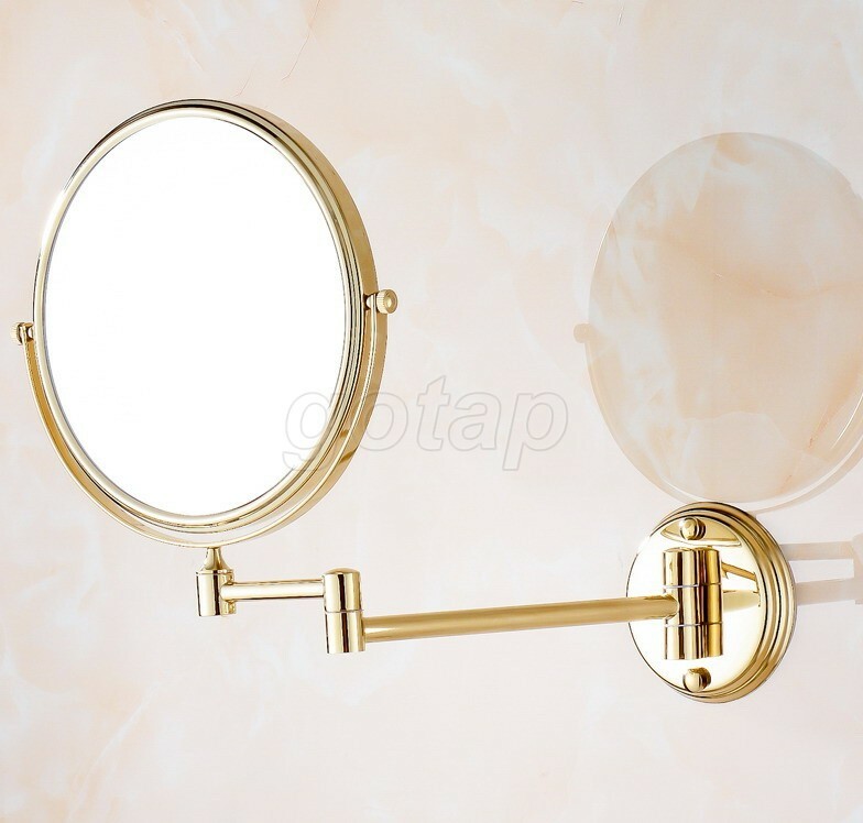 Gold Brass Folding Dual Arm Extend Bathroom Mirror Wall Mounted Makeup Mirror