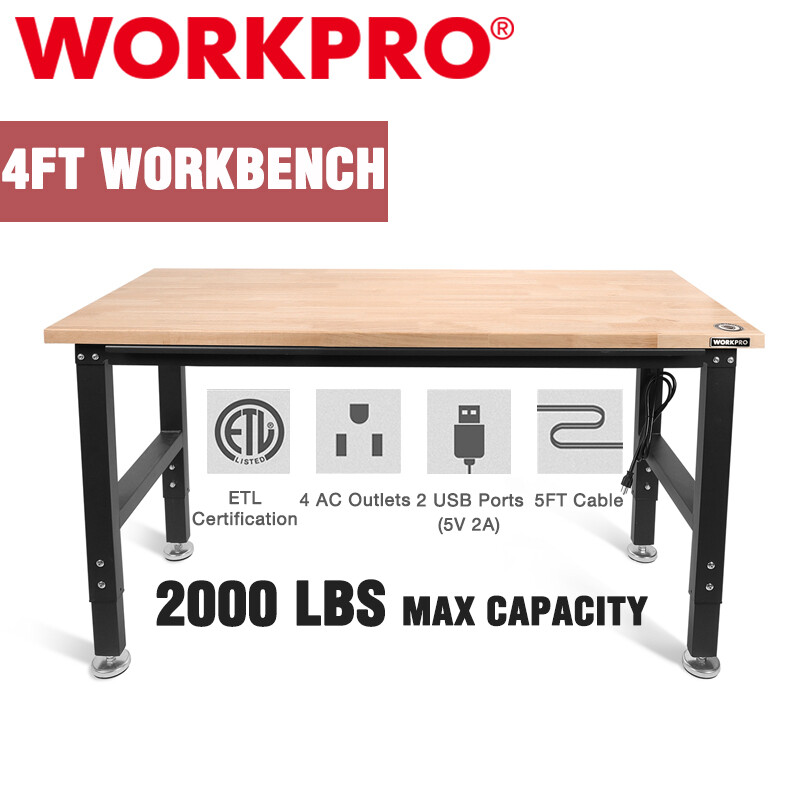 WORKPRO 4FT Heavy Duty Adjustable Workbench Rubber Wood Workstation Worktable US