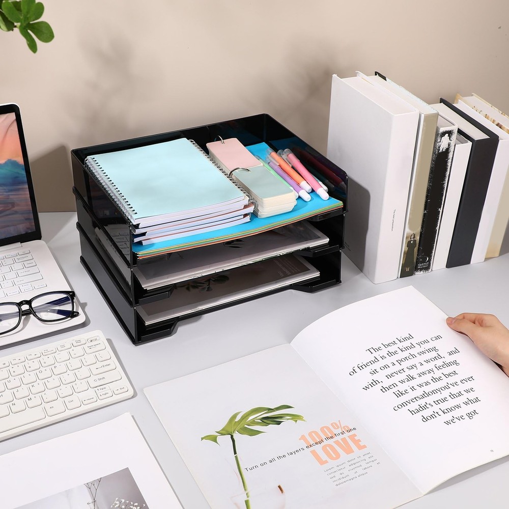 4 Pcs Stackable Letter Tray Rectangular Plastic Desk Organizer 13 x 9.5 x 2.6...