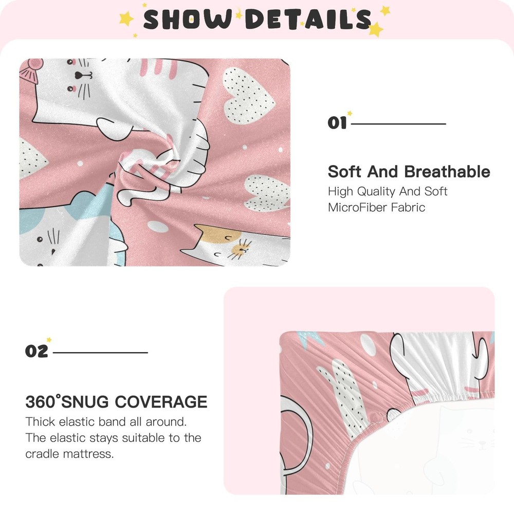 Cute Cat Crib Sheets Stretchy Portable Sheets for Baby Toddler Breathable Sof...