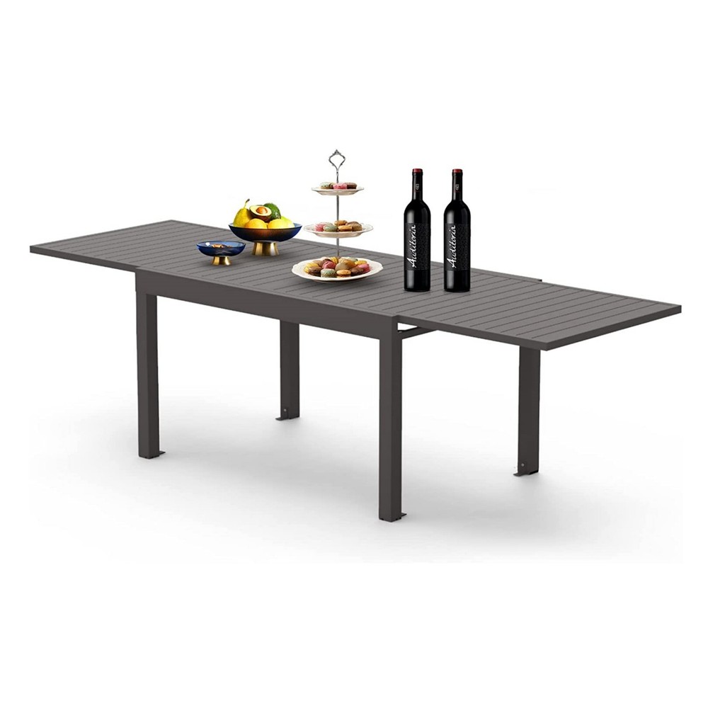 Large retractable rectangular terrace dining table, made of aluminum, dark brown