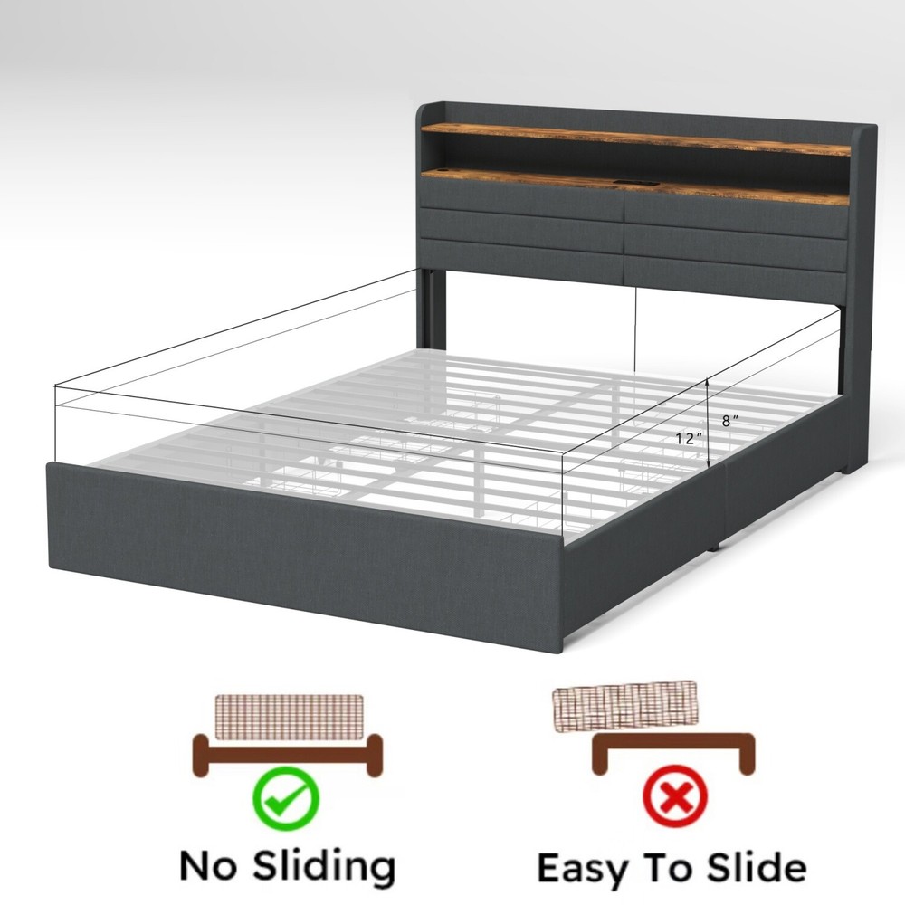 Full/Queen Size LED Bed Frame Upholstered Platform Bed w/ 4 Drawer & Headboard