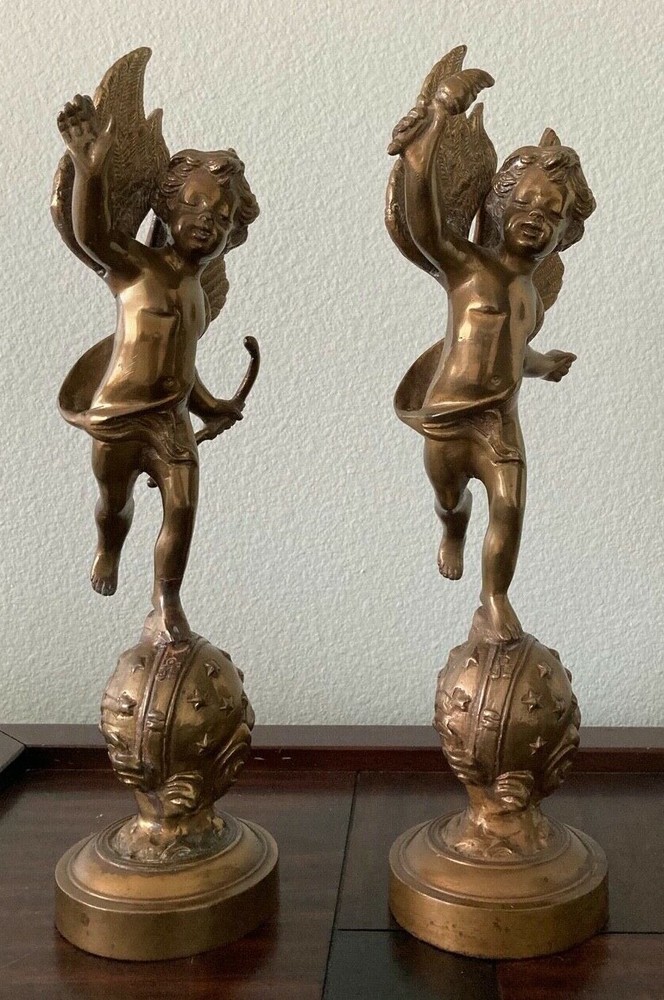 Solid Brass Cherub with Torch and Cupid Bow - Set. 17.5"