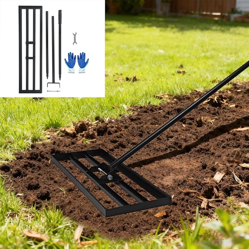 30x10 Lawn Leveling Rake High Carbon Steel Adjustable Handle Multi-Surface Tool