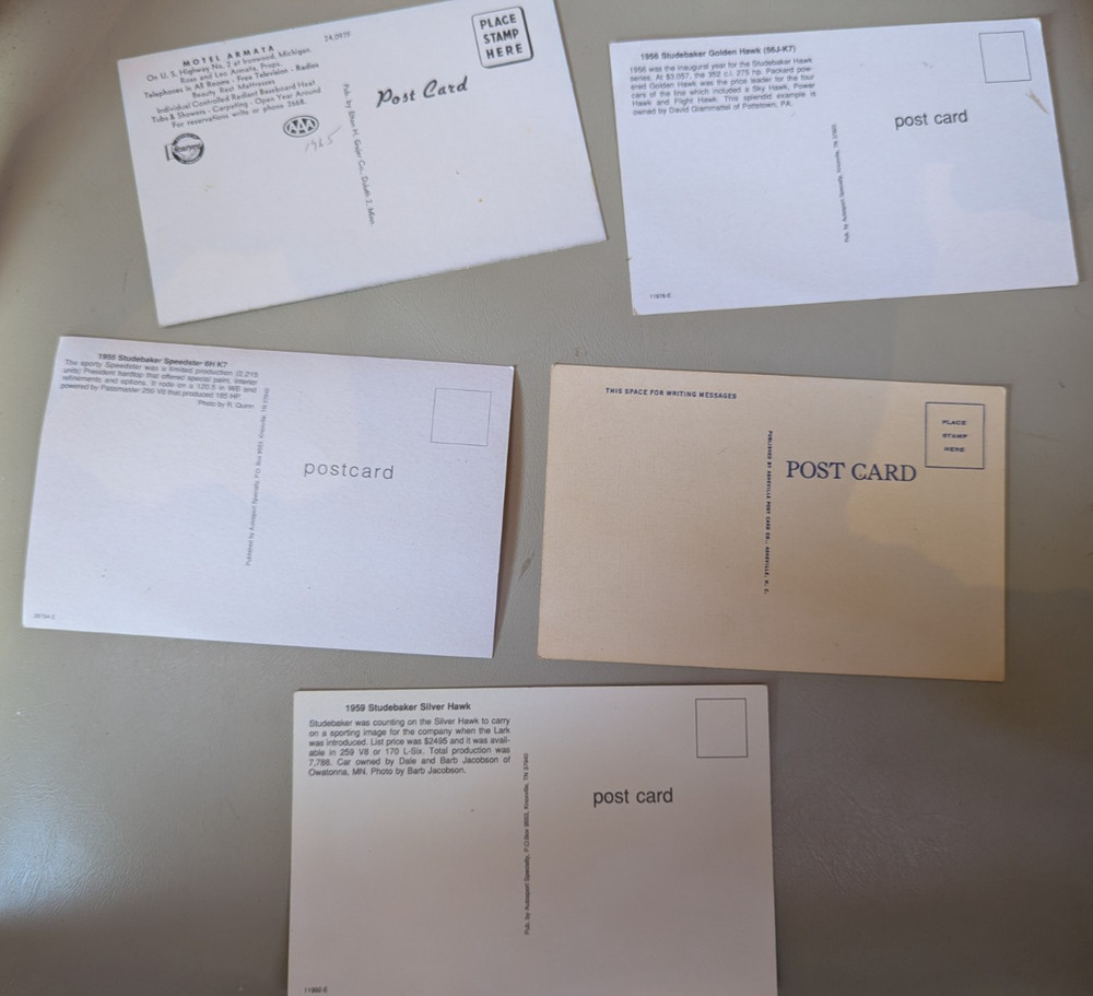 Studebaker Post Cards (FIVE)