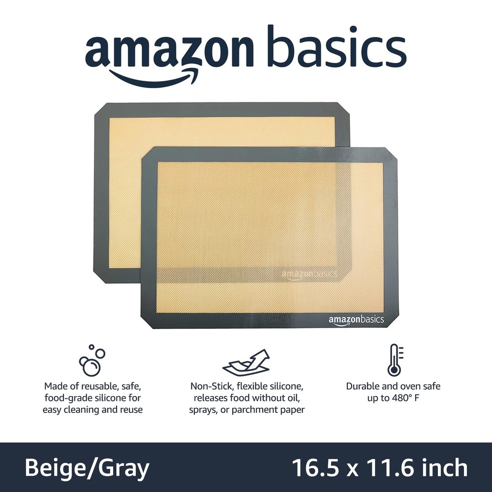 Amazon Basics Silicone Rectangular Baking Mat, 2-Pack, New Beige/Gray