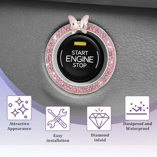 2PCS Bling Butterfly Car Engine Push Start Stop Button Cover Ring, Pink