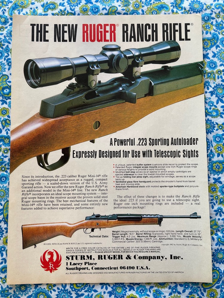Vintage 1983 Ruger Ranch Rifle  Print Ad .223 Sporting Autoloader