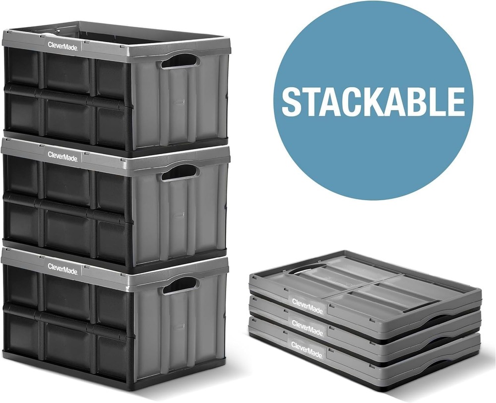 Collapsible Storage Bins Obsidian 3 Pack 32L Stackable Containers Heavy Duty