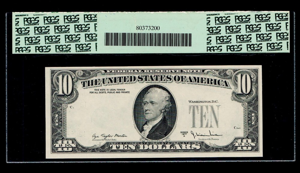 1977 A $10 Federal Reserve Note Overprint on Back Error PCGS 64