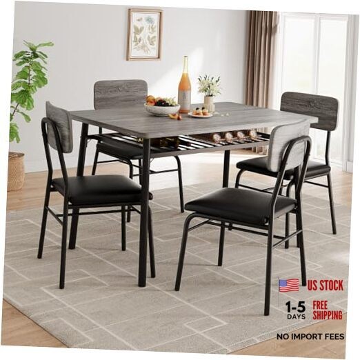 Dining Table Set for 4 with Storage Rack, 5-Piece Table with 4 Chairs Gray -1