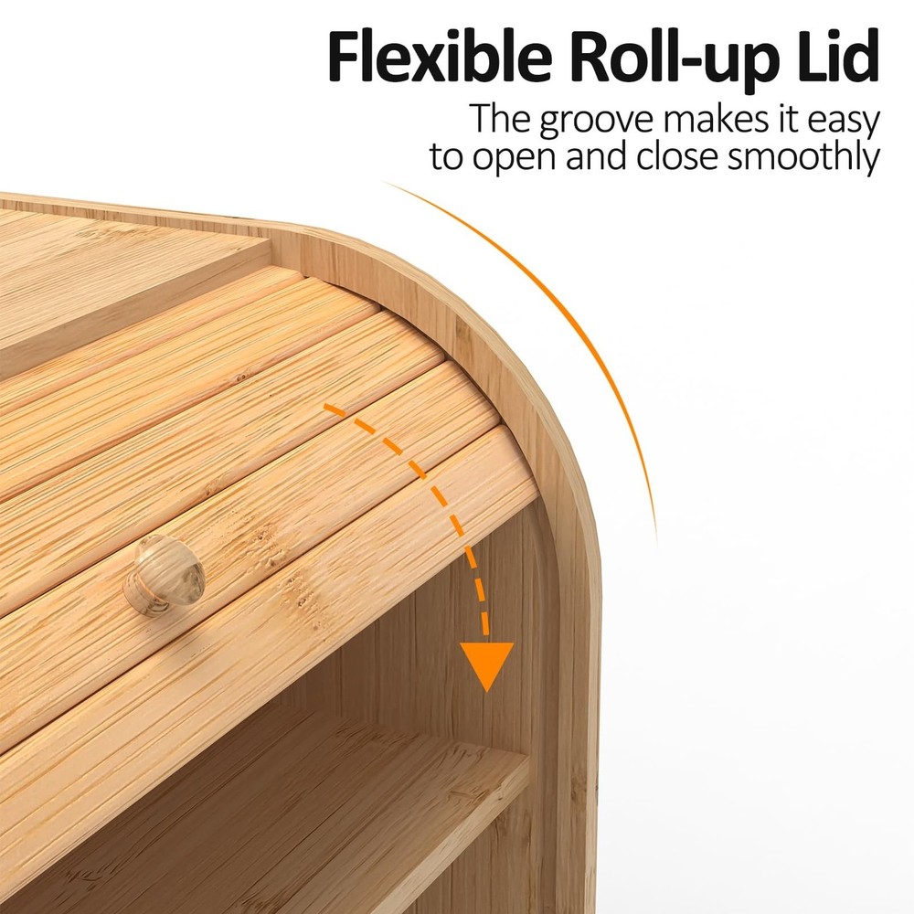 Bamboo Bread Box for Kitchen Countertop, Roll-top Breadbox Breads Storage Box...