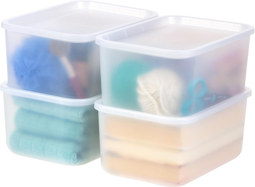 IRIS USA 7 Qt. Plastic Basket Storage Bins W/ Lids Small 4-Pack Stackable Lidded