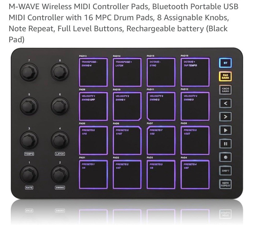 Wireless MIDI Controller Pads, Bluetooth Portable USB MIDI Controller