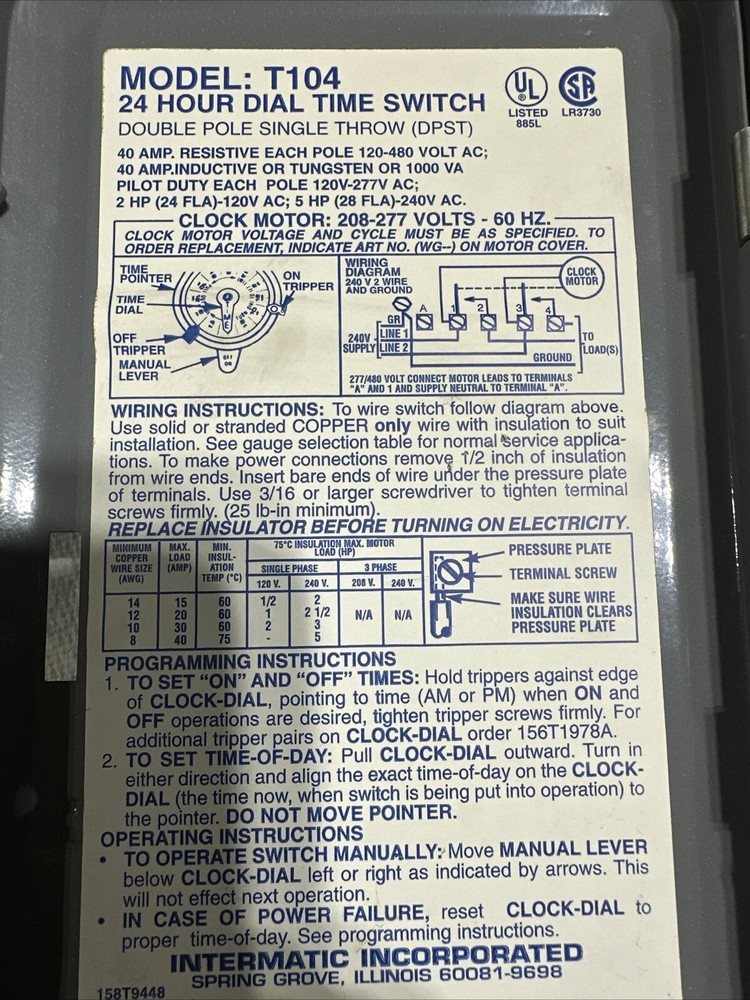 Intermatic T104 Electromechanical Timer 24 Hour Dpst