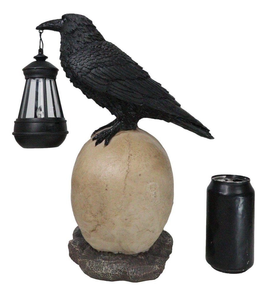 Edgar Corvus Raven Perching On Rose Skull Statue With Solar LED Lantern Light