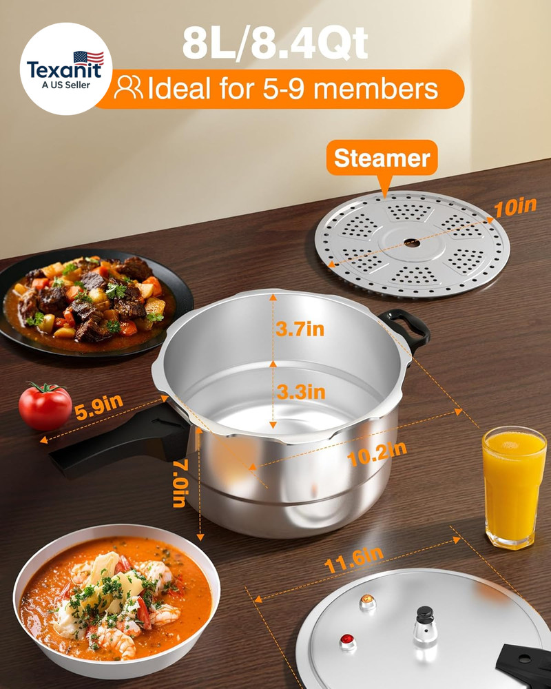 8Qt Aluminum Pressure Cooker W/Release Valve & Multiple Protective Devices,Press