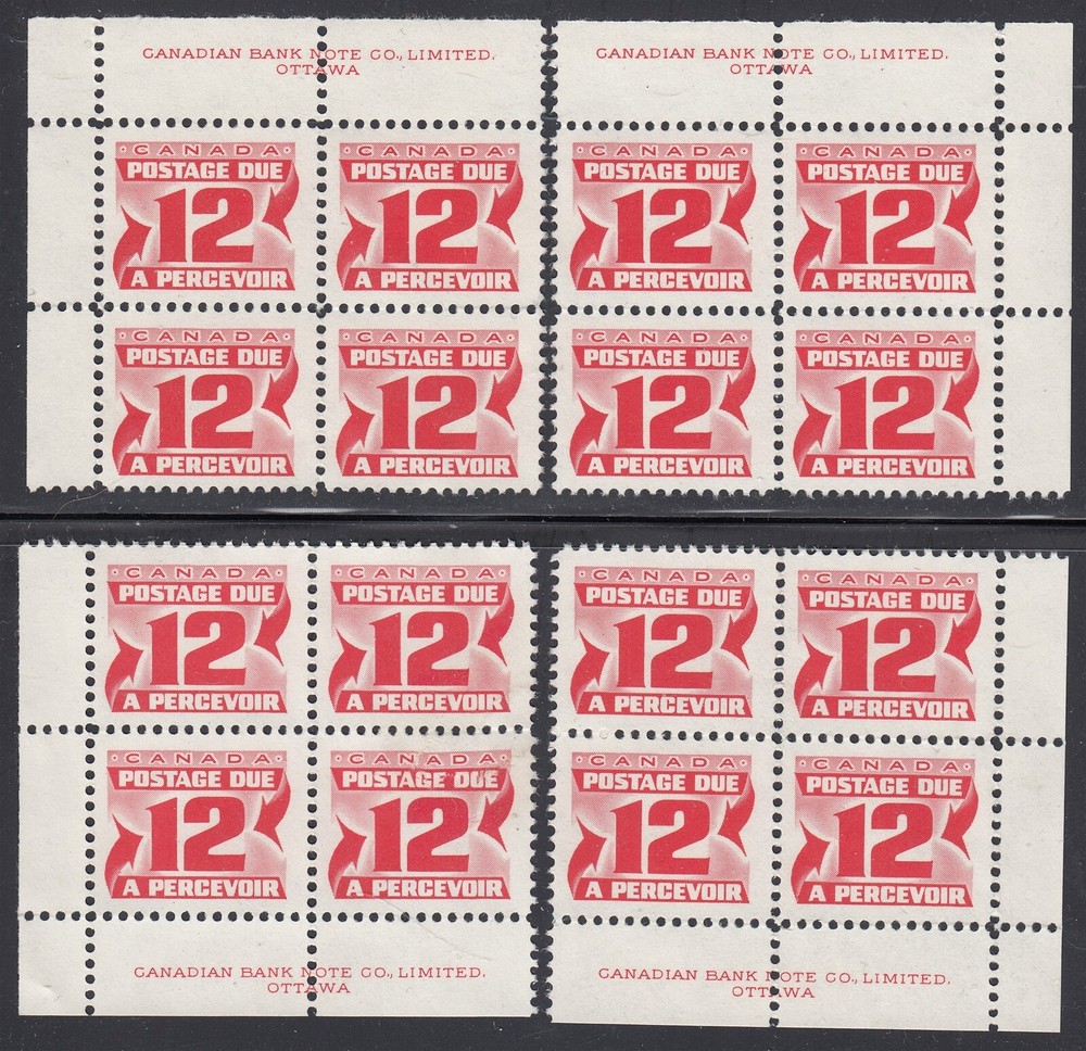 Canada B.O.B. J36iii Mint Postage Due Plate Block Matched Set