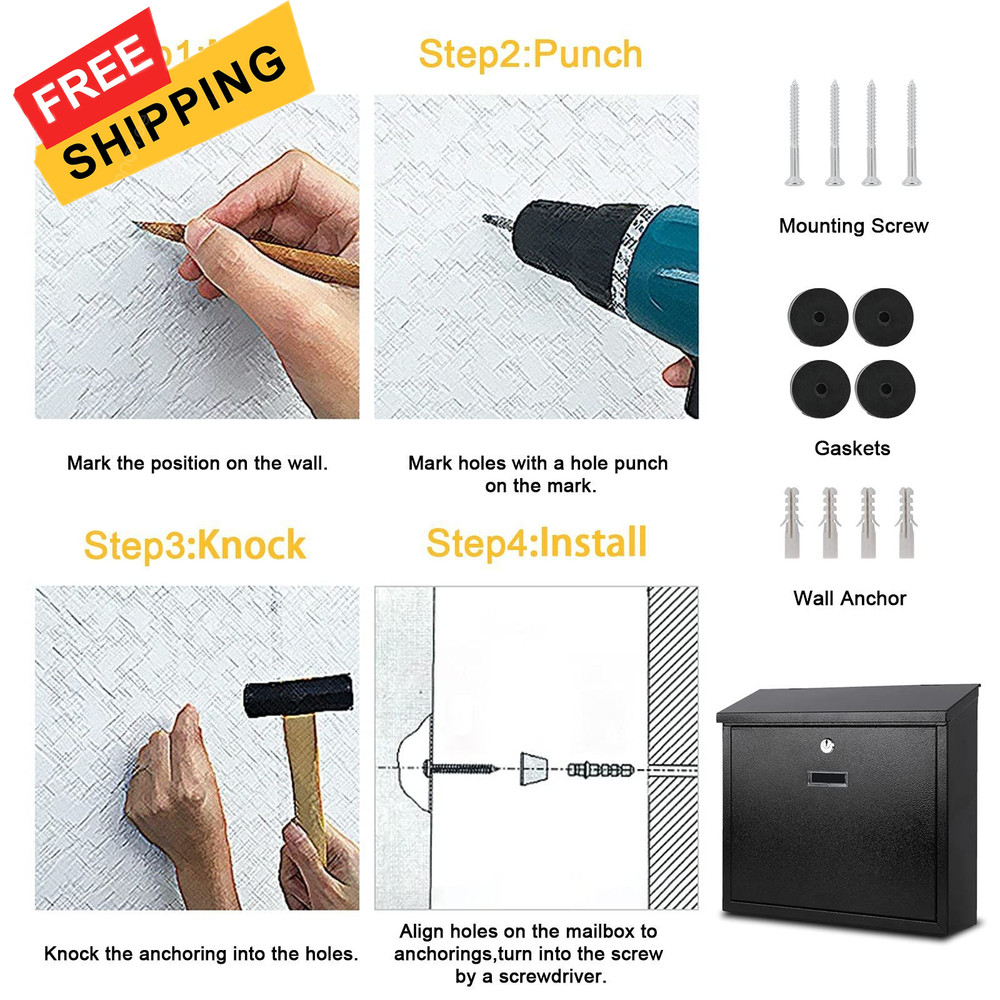 xydled Mail Boxes with Key Lock,Locking Mailbox Wall Mounted,Security Black