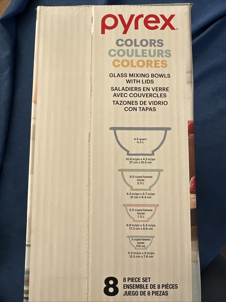 NIB Pyrex Mixing Bowls Multicolor 8 Pieces Inv#23