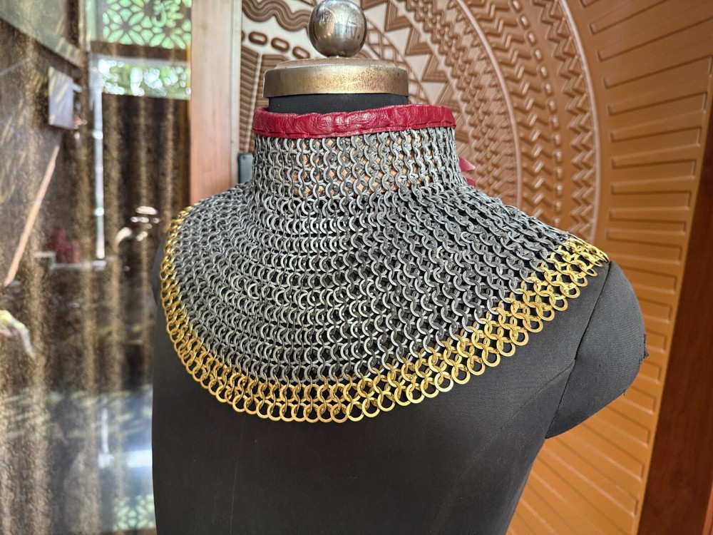 Mild Steel Chainmail Neck Protector – 8mm Dome Riveted Armor with Brass Edge