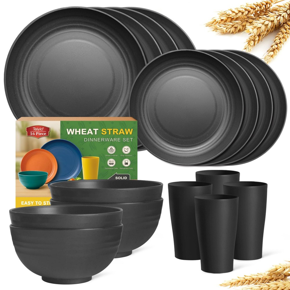 16-Piece Kitchen Plastic Wheat Straw Dinnerware Set, Service for 4, Dinner Pl...
