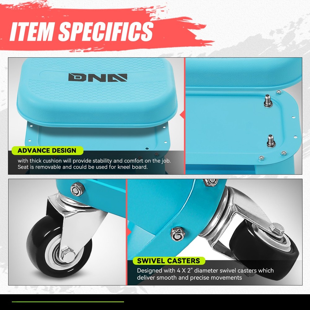 300 LBs 360-Degree Removable Workshop Tool Rolling Garage Stool Mobile Seat
