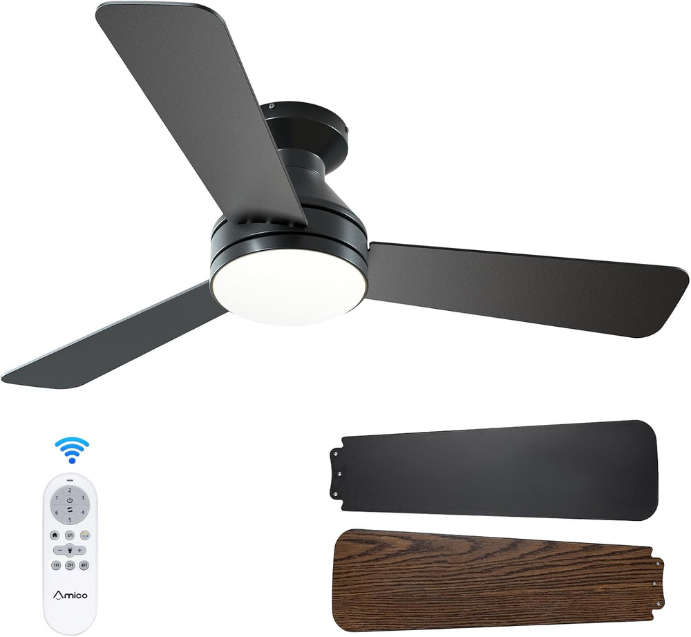 Black 42" Low Profile Ceiling Fan with Lights, Remote, Dimmable & Reversible