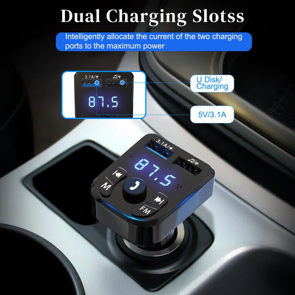 2PCS Bluetooth 5.0 Car Wireless FM Transmitter Adapter 2USB PD Charger AUX Hands