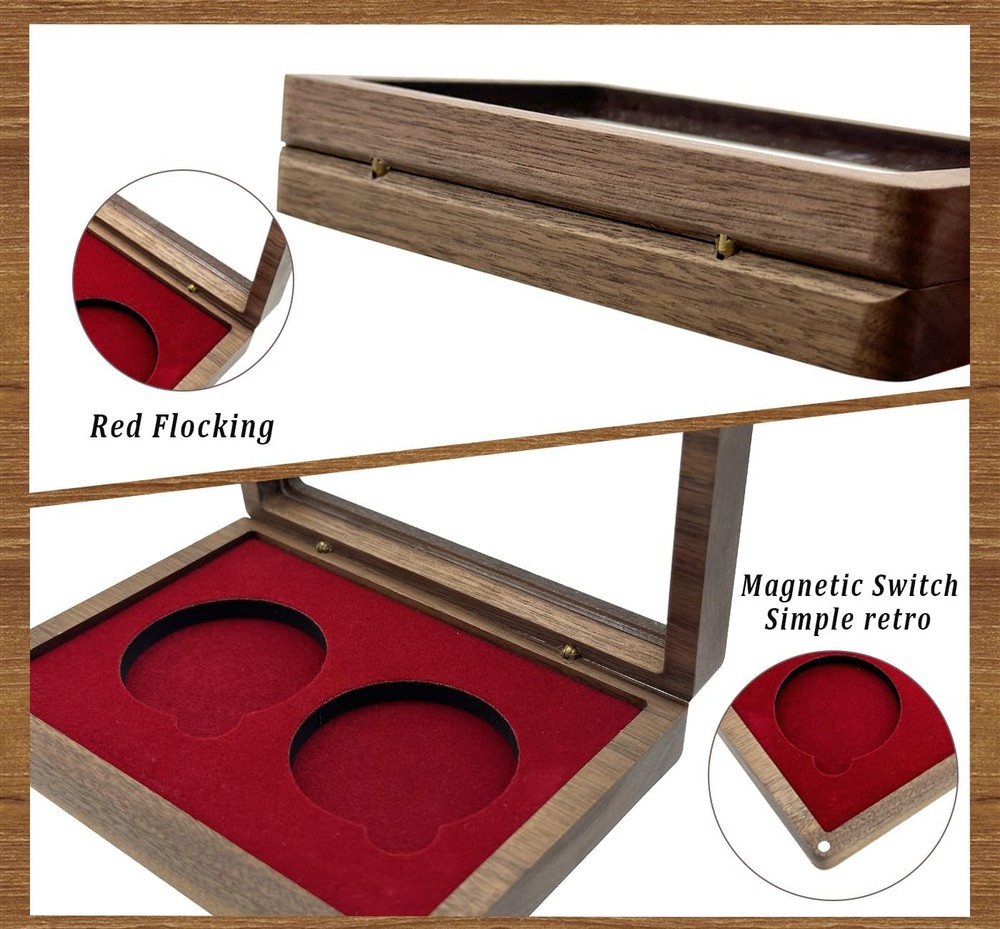 Challenge Single Coin Display Case - Walnut Wood Box with Two 1.81" Red